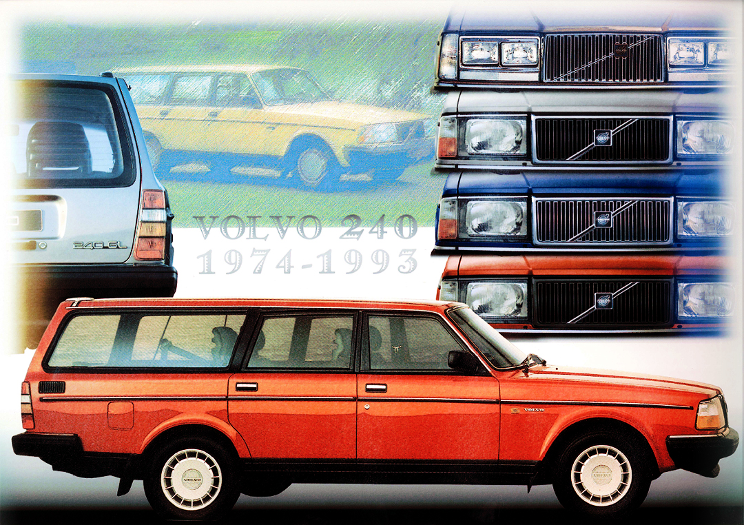 赤いボルボ240ワゴンと、歴代240のフロントフェイスを組み合わせたファーストカーセールスのメインビジュアル